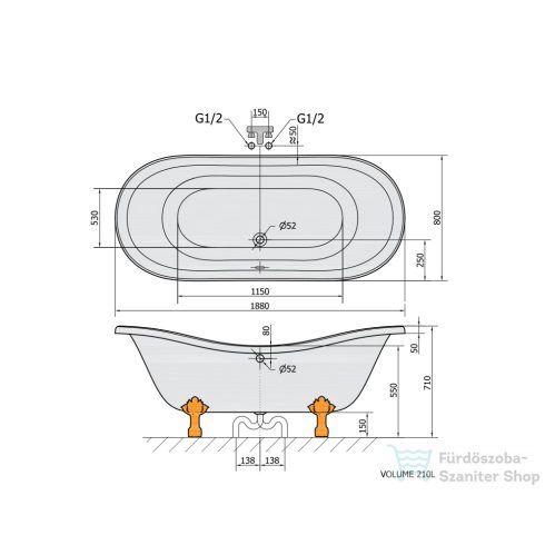 Sapho POLYSAN CHARLESTON szabadonálló kád 188x80x71cm, króm lábak, fekete/fehér 72958
