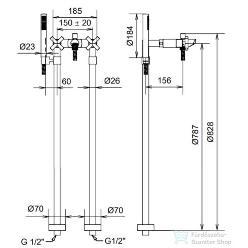 Bugnatese RODOS Szabadonálló kádcsaptelep, kézizuhannyal, króm színben 7300P