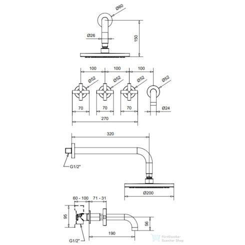 Bugnatese RODOS falsík alatti zuhanyrendszer fejzuhannyal,kádkifolyóval,belső egységgel,rame 7328RA