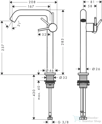 Hansgrohe Tecturis S 240 Coolstart Ecosmart+ magasított mosdó csaptelep click-clack leeresztővel, szálcsiszolt fekete króm 73370340