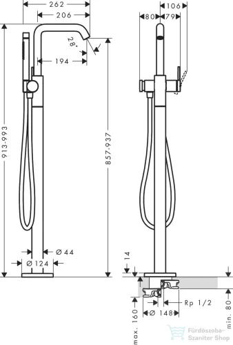 Hansgrohe Tecturis S szabadonálló kádöltő csaptelep alaptest nélkül,zuhanyszettel,króm 73440000