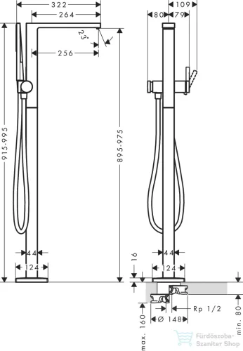 Hansgrohe Tecturis E szabadonálló kádöltő csaptelep alaptest nélkül,zuhanyszettel,matt fekete 73445670