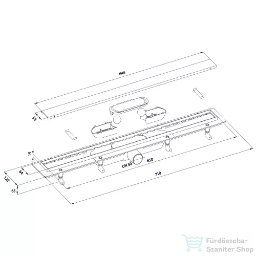 Sapho POLYSAN FLISE padlóösszefolyó, superflow, DN50, 710x122x65mm (73671)