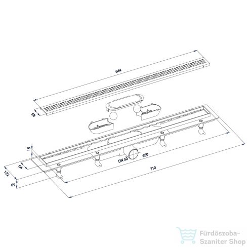 Sapho POLYSAN KLAVER padlóösszefolyó, inox ráccsal, superflow, DN50, 710x122x65mm (73721)