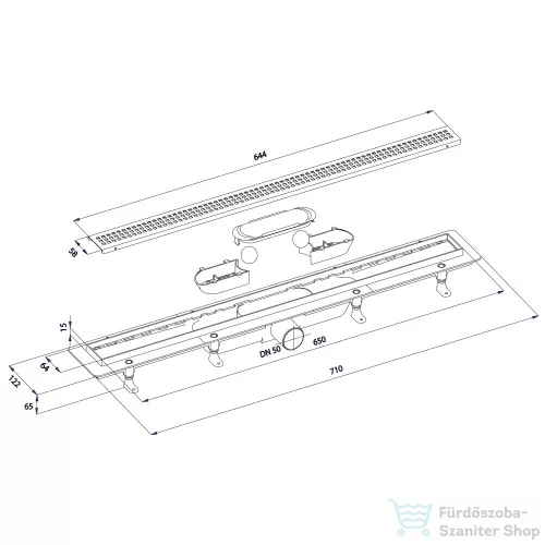 Sapho POLYSAN KLAVER padlóösszefolyó, inox ráccsal, superflow, DN50, 710x122x65mm (73721)