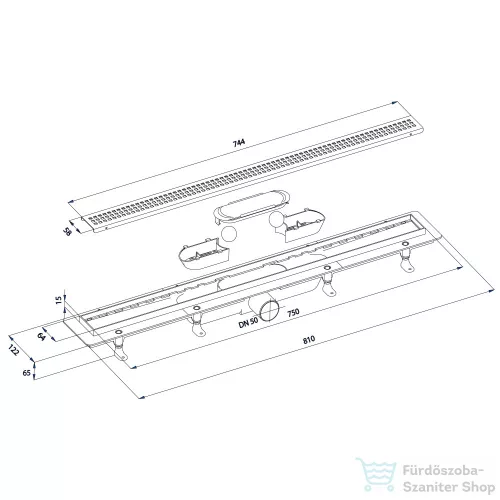 Sapho POLYSAN KLAVER padlóösszefolyó, inox ráccsal, superflow, DN50, 810x122x65mm (73731)