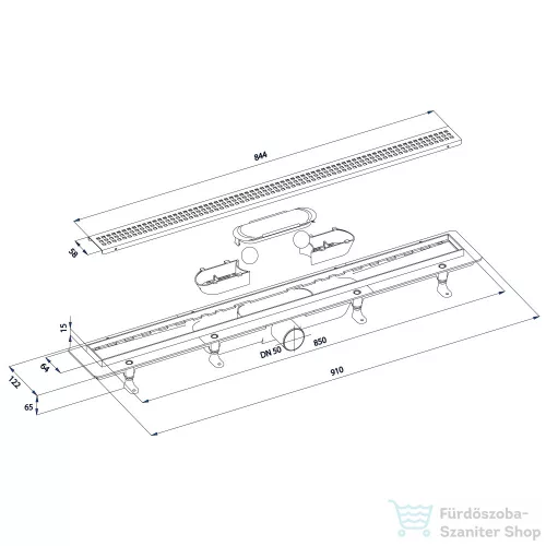 Sapho POLYSAN KLAVER padlóösszefolyó, inox ráccsal, superflow, DN50, 910x122x65mm (73741B)