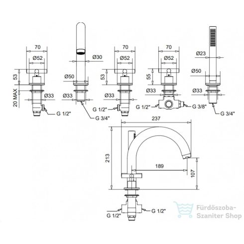 Bugnatese RODOS 5 üléses kádtöltő csaptelep zuhanyszettel,bronz 7380BR