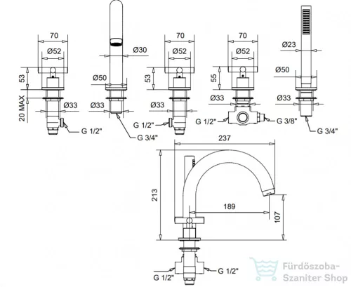 Bugnatese RODOS 5 üléses kádtöltő csaptelep zuhanyszettel,rame 7380RA