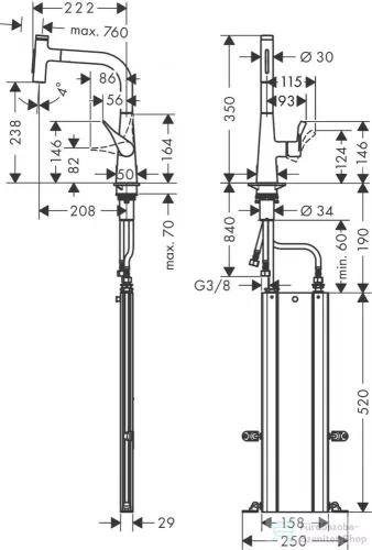 Hansgrohe METRIS Select M71 240 kihúzható fejes mosogató csaptelep 2 jet,SBox, króm 73817000