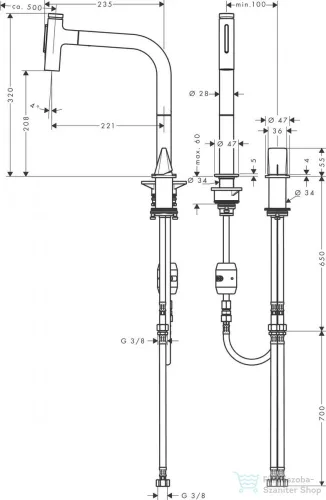 Hansgrohe METRIS Select M71 2 lyukú egykaros konyhai csaptelep 200, kihúzható zuhanyfejjel, 2 jet, rozsdamentes acél hatású 73819800