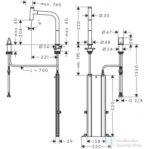 Hansgrohe METRIS Select M71 Eco 2 lyukú kihúzható fejes mosogató csaptelep 1 jet,SBox, króm 73825000
