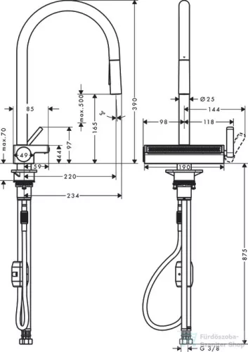 Hansgrohe AQUANO SELECT M81 3 jet 170 mosogató csaptelep kihúzható fejjel, matt fekete 73837670