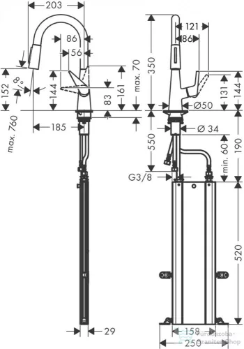 Hansgrohe Talis M51 160 mosogató csaptelep kihúzható fejjel, 2 jet, sBox, króm 73850000