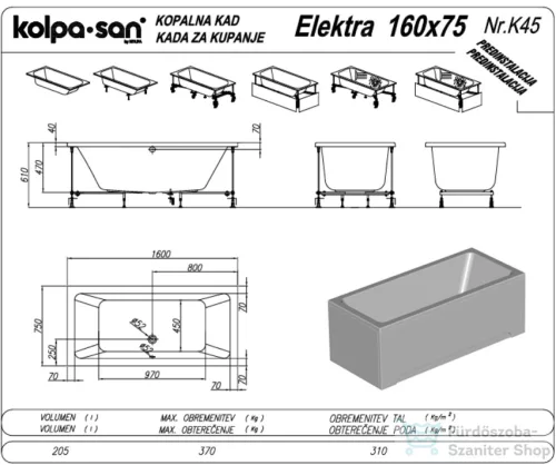 Kolpa San ELEKTRA 160x75 cm-es, beépíthető akril kád, fehér 740700