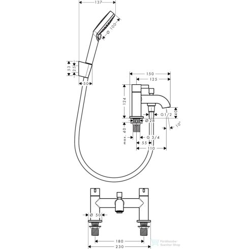 Hansgrohe ZESIS S peremre szerelhető kádtöltő csaptelep zuhanyszettel, króm 74424000