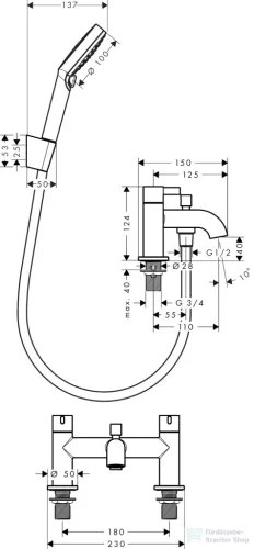 Hansgrohe ZESIS S peremre szerelhető kádtöltő csaptelep zuhanyszettel, króm 74424000