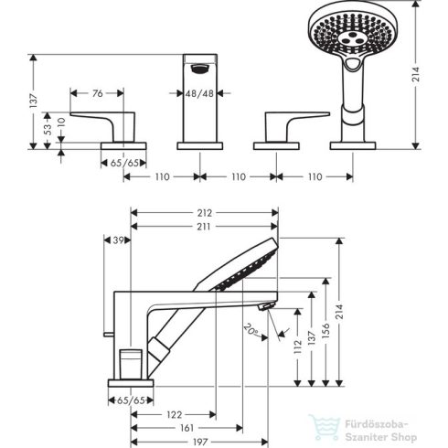 Hansgrohe METROPOL 4-lyukú, egykaros kádcsaptelep, peremre építhető, Secuflex-vel loop fogantyúval, króm 74552000