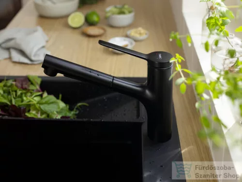 Hansgrohe ZESIS M33 egykaros mosogató csaptelep kihúzható fejjel,140 2 jet, matt fekete 74800670