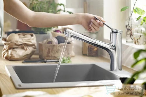 Hansgrohe ZESIS M33 egykaros mosogató csaptelep 140, kihúzható kifolyóval, 2 jet, sBox light, króm 74803000