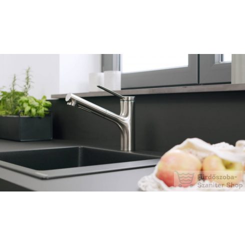 Hansgrohe ZESIS M33 egykaros mosogató csaptelep 140, kihúzható kifolyóval, 2 jet, sBox light, nemesacél felület 74803800