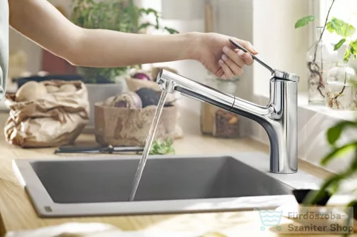 Hansgrohe ZESIS M33 140 Eco mosogató csaptelep kihúzható zuhanyfejjel,2 jet, króm 74810000