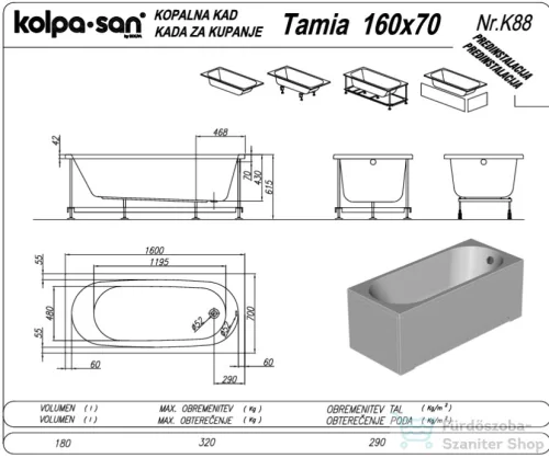 Kolpa San TAMIA 160x70 cm-es, beépíthető akril kád, fehér 752900