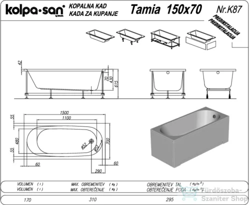 Kolpa San TAMIA 150x70 cm-es, beépíthető akril kád, fehér 755310