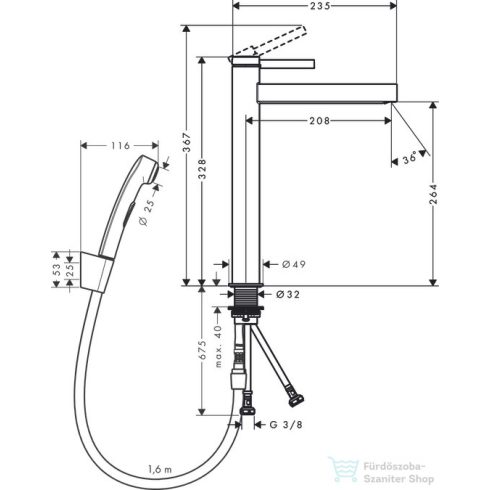 Hansgrohe Finoris magasított mosdócsaptelep 260, bidé kézizuhannyal és 160cm-es gégecsővel, matt fekete 76220670