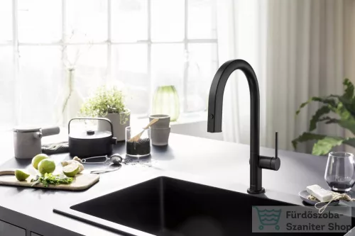 Hansgrohe AQUITTURA M91 vízszűrős mosogató csaptelep 210, kihúzható zuhanyfejjel, 1jet, sBox, indulókészlet, matt fekete 76800670