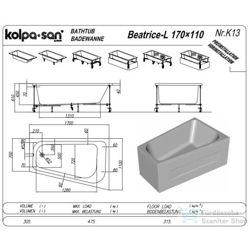 Kolpa San Beatrice 170x110 komplett előlapos aszimmetrikus kád, jobbos 771360