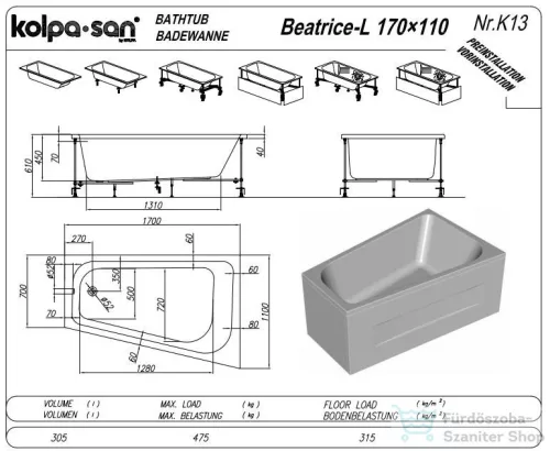 Kolpa San Beatrice 170x110 komplett előlapos aszimmetrikus kád, jobbos 771360