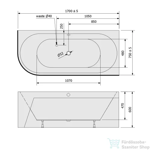 Sapho POLYSAN VIVA R MONOLITH asszimetrikus kád, 170x75x60cm (78119M)