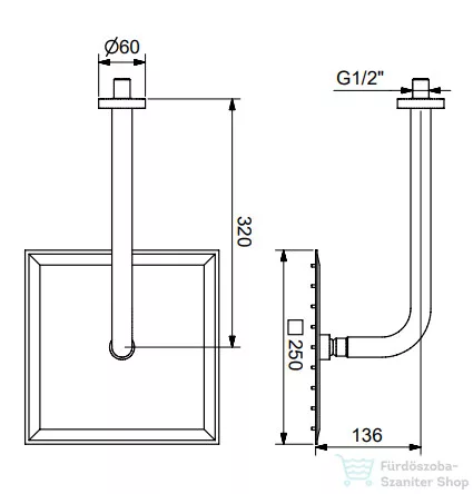 Bugnatese 25x25 cm-es szögletes fejzuhany zuhanykarral,szálcsiszolt nikkel 79137NS