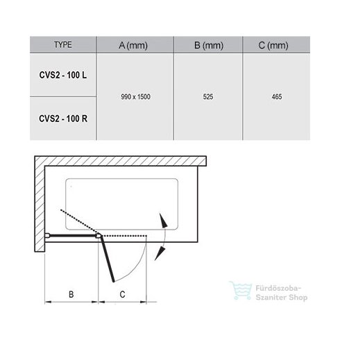 Ravak CVS2 100 kádparaván, transparent+fekete, balos 7QLA0300Z1