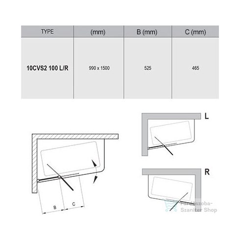 Ravak 10° 10CVS2-100 99 cm széles jobbos kádparaván, fehér+transparent 7QRA0103Z1