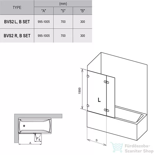 Ravak Brilliant BVS2-100 100 cm-es balos kádparaván fix+nyíló zsanérok (B-SET) nélkül, króm+transparent 7ULA0A00Z1