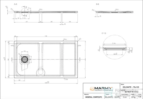 Marmy DOLOMITE - 70x120 Zuhanytálca Valentino Grey