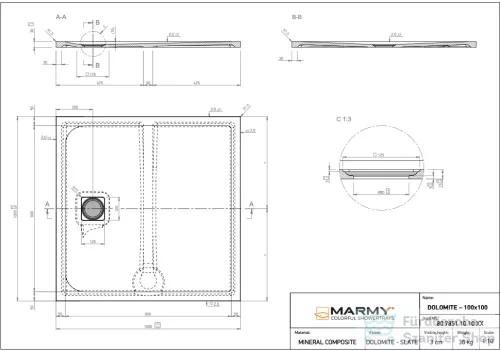 Marmy DOLOMITE - 100x100 Zuhanytálca Valentino Grey