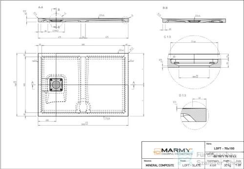 Marmy LOFT - 70x100 Zuhanytálca Prada White