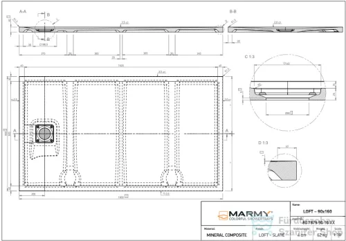 Marmy LOFT - 90x160 Zuhanytálca Valentino Grey