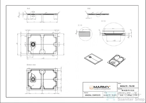 Marmy BASALTO - 70x100 Zuhanytálca Prada White