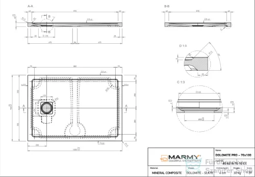 Marmy DOLOMITE PRO - 70x100 Zuhanytálca Prada White