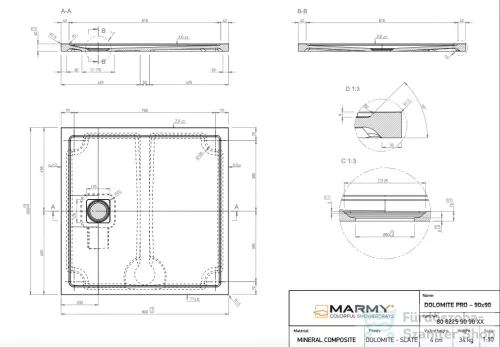 Marmy DOLOMITE PRO - 90x90 Zuhanytálca Valentino Grey
