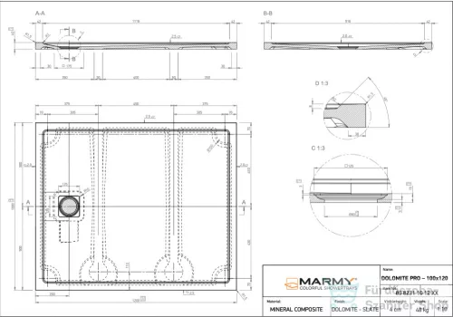 Marmy DOLOMITE PRO - 100x120 Zuhanytálca Prada White