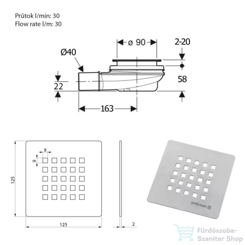 Sapho TRENECA zuhanytálca szifon, 90mm, DN40, inox fedő (84999)