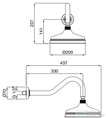 Bugnatese 20 cm-es fejzuhany 33 cm-es zuhanykarral,Szálcsiszolt nikkel 89116NS