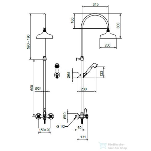 Bugnatese Lady zuhanyrendszer 20 cm-es esőztetővel,zuhanyszettel,króm/arany 903CCRDO