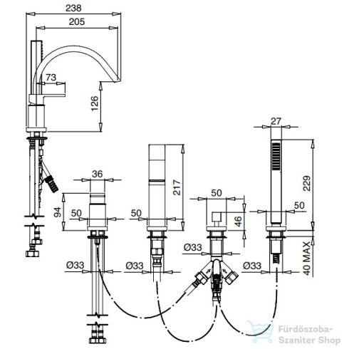Bugnatese TETRIS peremre szerelhető, 4 üléses kádcsaptelep, króm 9155CR