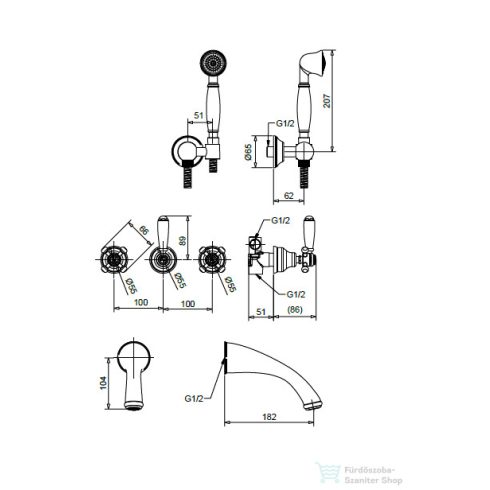 Bugnatese Lady falsík alatti kádtöltő csaptelep zuhanyszettel,belső egységgel,bronz 918BR